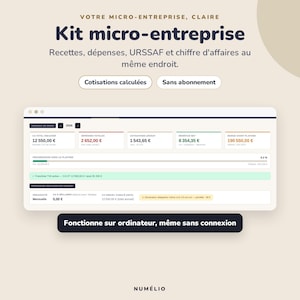 Puede incluir: Un panel digital titulado Kit micro-entreprise con el texto Recettes, dépenses, URSSAF et chiffre d'affaires au même endroit. La interfaz muestra datos financieros, contribuciones calculadas y una barra de progreso para el seguimiento empresarial.