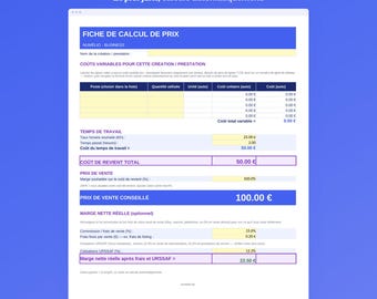 Fiche de Calcul de Prix pour Artisan et Créateur, Google Sheets et Excel Éditable, Calculateur Prix de Vente Micro-Entreprise Français