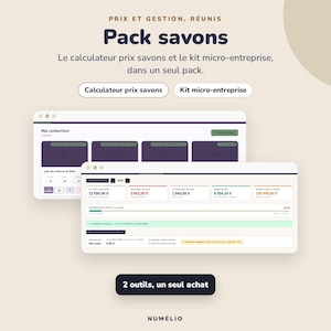 Op de afbeelding: Een digitaal softwarepakket genaamd Pack savons met een zeep-prijsberekenaar en een micro-ondernemingskit. De interface toont financiële gegevens in euro's met diverse tabbladen en overzichtelijke dashboards.