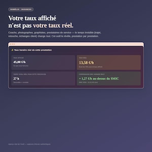 Peut inclure: Une interface de tableau de bord numérique intitulée Numélio Business affichant des données financières. Elle présente le texte 'Votre taux affiché n'est pas votre taux réel', avec des encadrés indiquant des taux horaires de 45,00 €/h et 13,58 €/h.