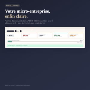 May include: A digital dashboard interface titled Numélio Business, displaying financial data for a micro-enterprise. It features metrics for total revenue, expenses, URSSAF contributions, net profit, and a progress bar toward a revenue ceiling.