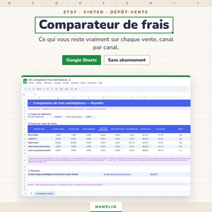 Peut inclure: Un outil de feuille de calcul numérique pour comparer les frais de vente, affichant le texte "Comparateur de frais" et "Ce qui vous reste vraiment sur chaque vente, canal par canal." L'interface inclut un bouton Google Sheets et un tableau.