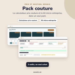 以下が含まれることがあります： Pack coutureと題されたデジタル製品バンドルで、縫製価格計算機とマイクロエンタープライズキットが含まれています。インターフェースには、収益と支出の追跡を含む財務データが表示され、ナビゲーションボタンとブランド名Numélioが記載されています。