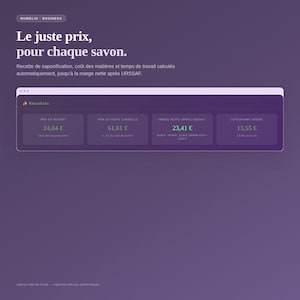 May include: A digital interface titled Numélio Business displaying a soap pricing calculator. The screen shows text in French, including Le juste prix, pour chaque savon, and a results panel with four boxes showing costs, suggested prices, and margins.