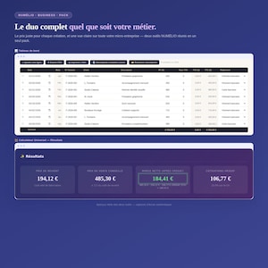 May include: A digital dashboard interface titled NUMELIO BUSINESS PACK featuring a table with columns for date, invoice number, client, description, and financial values in euros, alongside a calculator section displaying net margin results.