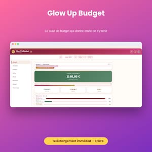 May include: A digital budget tracking interface titled Glow Up Budget displayed on a screen. The dashboard features a green box showing a balance of 1140,00 €, alongside various financial metrics, progress bars, and navigation tabs in a clean layout.