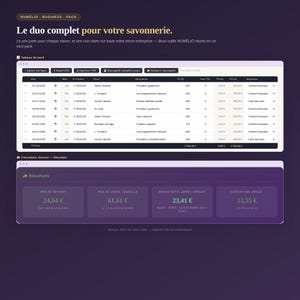 Puede incluir: Un panel de gestión empresarial digital para fabricantes de jabón titulado NUMELIO BUSINESS PACK. Muestra una tabla con columnas para fecha, número de factura, cliente, descripción y totales financieros, además de una calculadora de costes.