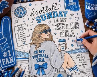 May include: A colouring page featuring a person with blonde hair wearing heart-shaped sunglasses and a sweatshirt with the text IN MY FOOTBALL ERA. The page includes the text football SUNDAY IN MY TAYLOR ERA, a disco ball, and a football helmet.