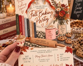 May include: A rectangular invitation card featuring a disco ball, a stack of books, a pink mug, and a wooden rolling pin. The text reads Fall Baking Party, Baking Friends & Falling Again, and includes event details for Oct 18 at Mary Claine's House.