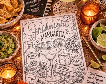 May include: A black and white colouring page featuring a margarita glass, a tequila bottle, a salt jar, a candle, and books labelled Cocktails and Good Vibes, with the text Midnight Margarita, surrounded by stars, flowers, and a crescent moon.