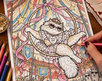 May include: A colouring page featuring a fluffy cat wearing a crown, heart-shaped glasses, and a ruffled dress while sitting on a circus hoop. The cat wears a tag reading PRINCESS DONUT. The background shows a circus tent filled with a cheering crowd.