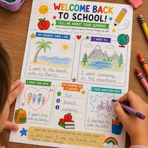 Könnte beinhalten: Ein weißes Arbeitsblatt mit der Überschrift WELCOME BACK TO SCHOOL! und bunten Illustrationen von Sonne, Apfel, Stift und Globus. Es enthält Abschnitte zum Ausfüllen über Sommeraktivitäten, ergänzt durch Zeichnungen von Strand, Bergen und Fahrrad.