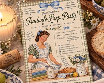 May include: A rectangular invitation card with a green and white gingham border featuring a vintage-style illustration of a person in a floral dress and apron mixing ingredients in a bowl, with text reading "You're Invited to a Tradwife Prep Party!"
