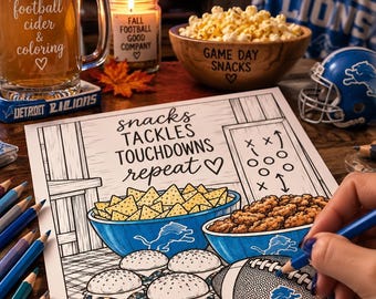 May include: A colouring page featuring football-themed snacks, a football, and the text 'snacks TACKLES TOUCHDOWNS repeat' and 'GOOD FOOD GOOD FOOTBALL'. The page shows bowls of nachos and snacks, burgers, and a football with a lion logo, surrounded by coloured pencils.