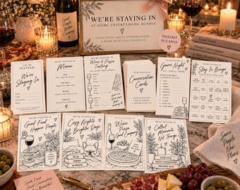 May include: A collection of printed paper cards and signs for an at-home entertaining bundle. The white cards feature black text and line art illustrations, including menus, wine tasting sheets, conversation cards, game night sheets, and bingo cards.