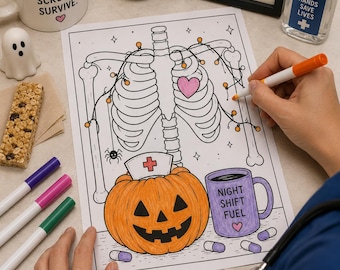 May include: A colouring page featuring a human rib cage decorated with string lights and a pink heart, a jack-o'-lantern wearing a nurse cap, and a purple mug labelled NIGHT SHIFT FUEL. The page includes small spider and pill illustrations.