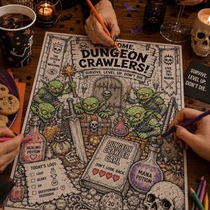Op de afbeelding: Een kleurplaat met de titel Dungeon Crawlers met groene goblins, een schatkist, drankjes met het label Healing Potion en Mana Potion, een boek met de titel Dungeon Crawler Carl, een schedel en een twintigzijdige dobbelsteen. De pagina bevat tekst zoals Survive. Level up. Don't die.