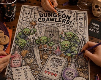 May include: A colouring page titled Dungeon Crawlers featuring green goblins, a treasure chest, potions labelled Healing Potion and Mana Potion, a book titled Dungeon Crawler Carl, a skull, and a twenty-sided die. The page includes text like Survive. Level up. Don't die.