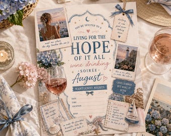 Coastal Hydrangea Wine Party Invitation Template (August Birthday) – Nautical Floral Soirée Card