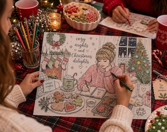 May include: A Christmas-themed colouring page featuring a person writing in a notebook, a decorated tree, a fireplace with stockings, and a plate of cookies. The text reads cozy nights and Christmas delights, warm wishes, and sugar & spice.