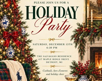May include: A holiday party invitation card featuring a cream background with red bows, evergreen branches, and text reading: PLEASE JOIN US FOR A HOLIDAY PARTY, SATURDAY, DECEMBER 13TH, 6:30 PM, THE SALVAGGIO RESIDENCE, 417 MAPLE RIDGE DRIVE, DETROIT, MI.