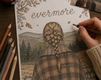 May include: A colouring page featuring a person with a braided hairstyle wearing a plaid coat, standing before a forest and mountain landscape. The word evermore is written in cursive at the top, surrounded by illustrated autumn leaves and falling foliage.