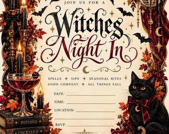 May include: A Witches Night In invitation card featuring a black cat with a red bow, pumpkins, mushrooms, and a stack of books labelled Potions, Cocktails, and Curses. The design includes red curtains, black candles, a disco ball, and bats.
