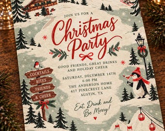 Christmas Party Invitation Vintage Ski Resort Template Editable Digital Download Printable Holiday Card Winter Chalet Mountain Design Retro