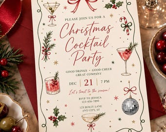 May include: A cream-coloured Christmas cocktail party invitation card featuring red and green illustrations of cocktails, a candy cane, holly, a disco ball, and a red bow. The text reads: Please join us for a Christmas Cocktail Party, Dec 21, 7 PM.