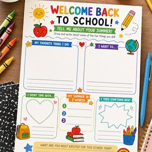 Può includere: Un foglio di attività in carta bianca intitolato Welcome Back To School con illustrazioni colorate di un sole, una mela, un mappamondo e uno zaino. Include sezioni per scrivere e disegnare sulle attività estive, le cose preferite e nuove esperienze.
