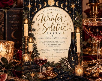 Winter Solstice Invitation Template Printable Party Invite Celestial Design Moon Phase Gold Stars Mystical Event Card Digital Yule