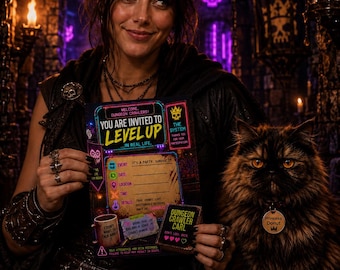 May include: A rectangular invitation card titled "You Are Invited To Level Up" with neon-style text, blank fields for event details, and a small "Dungeon Crawler Carl" card. A fluffy dark cat with a "Princess Donut" tag sits beside the invitation.