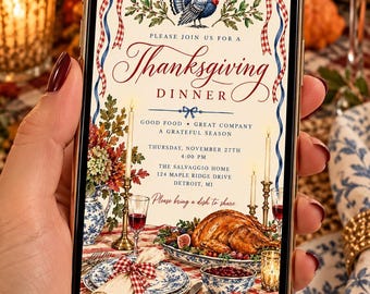 May include: A digital Thanksgiving dinner invitation displayed on a smartphone screen. The design features a turkey illustration, red and blue gingham bows, and text reading: Please join us for a Thanksgiving dinner, Thursday, November 27th, 4:00 PM.