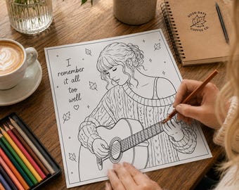 May include: A black and white colouring page featuring a line art illustration of a person with wavy hair wearing a cable knit jumper and playing an acoustic guitar. The text I remember it all too well is printed on the left with leaf icons.