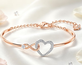 Pulseira Coração em Ouro Rosa Swarovski, Bracelete Amor Infinito, Joia de Coração de Cristal, Pulseira Feminina Romântica, Presente Delicado para Esposa e Namorada