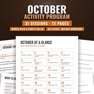 Peut inclure: Un programme d'activités intitulé OCTOBER ACTIVITY PROGRAM avec 31 sessions et 72 pages. Le document comprend une grille de calendrier OCTOBER AT A GLANCE avec des tâches quotidiennes, au format US Letter, avec du texte brun et blanc sur fond sombre.
