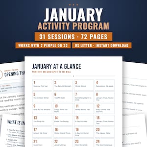Könnte beinhalten: Ein digitales Aktivitätsprogramm mit dem Titel JANUARY ACTIVITY PROGRAM mit 31 Sitzungen und 72 Seiten. Das Dokument enthält einen Kalender mit dem Titel JANUARY AT A GLANCE mit nummerierten täglichen Aktivitäten von 1 bis 24 in Blau und Orange.
