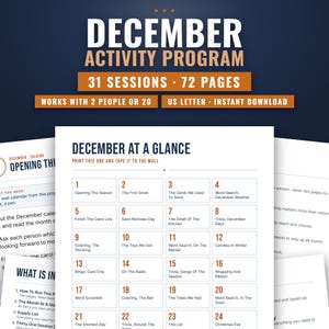 Peut inclure: Un programme d'activités numérique pour décembre comprenant 31 sessions sur 72 pages au format US letter. Le document inclut un calendrier intitulé December At A Glance avec des activités quotidiennes comme Opening The Season et Christmas Eve.