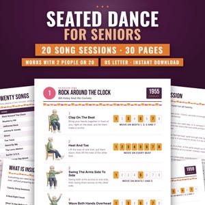 Könnte beinhalten: Ein digitales Dokument mit dem Titel Seated Dance For Seniors, das 20 Liedersitzungen auf 30 Seiten umfasst. Die Seite zeigt Anleitungen für das Lied Rock Around The Clock, inklusive nummerierter Schritte mit Illustrationen einer sitzenden Person.