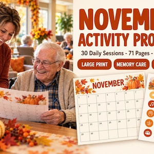 November Activity Program for Seniors, 30 Large Print Sessions, Memory Care Activity Director Planner, Thanksgiving, US Letter A4 PDF