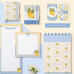 May include: A stationery set featuring lemon and blue ribbon motifs, including two notebooks, two magnetic page markers, a shopping list notepad with checkboxes, a square memo pad with a scalloped border, and a spiral-bound notepad with lined pages.
