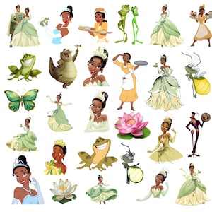 May include: A collection of digital stickers featuring characters and icons from The Princess and the Frog, including Tiana in various outfits, Prince Naveen, Louis the alligator, Ray the firefly, green frogs, a lotus flower, and a butterfly.