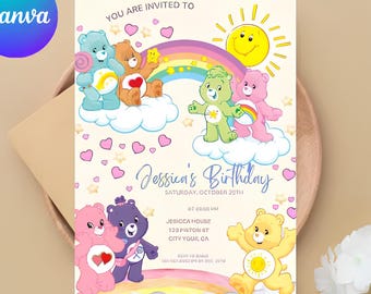 Zaproszenie urodzinowe Care Bear | Edytowalne zaproszenie na imprezę dla dziewcząt (do pobrania cyfrowego)