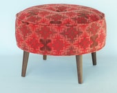 ottoman footstool, stool, bench, furniture, silk screening, fabric, flowers, pattern, vintage, walnut wood, orange, red, burgundy