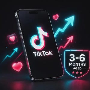 May include: A smartphone displaying the TikTok logo on its screen, surrounded by glowing neon pink hearts and cyan upward-trending arrows. To the right, a neon-outlined shield badge displays the text 3-6 MONTHS AGED with three stars below.