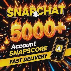 Könnte beinhalten: Eine digitale Grafik mit dem gelben Text SNAPCHAT 5000+ ACCOUNT SNAPSCORE FAST DELIVERY vor einem schwarzen Hintergrund mit orangefarbenen Flammen und Lichtstreifen. Ein Smartphone-Symbol zeigt das weiße Snapchat-Geisterlogo auf einem gelben Quadrat.