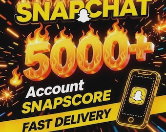 May include: A digital graphic featuring the yellow text SNAPCHAT 5000+ ACCOUNT SNAPSCORE FAST DELIVERY against a black background with orange flames and light streaks. A smartphone icon displays the white Snapchat ghost logo on a yellow square.