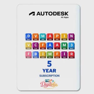 May include: A white rectangular card featuring the Autodesk All Apps logo at the top. Below are three rows of colorful square icons, each containing a letter and a three-letter abbreviation. The text 5 YEAR SUBSCRIPTION appears above the Digitola logo.