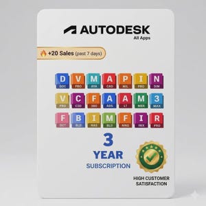 May include: A white rectangular Autodesk All Apps card featuring a grid of twenty-one colorful software icons with letter labels. The text reads 3 YEAR SUBSCRIPTION and includes a gold seal with a green checkmark and the text HIGH CUSTOMER SATISFACTION.