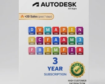 May include: A white rectangular Autodesk All Apps card featuring a grid of twenty-one colourful software icons with letter labels. The text reads 3 YEAR SUBSCRIPTION and includes a gold seal with a green checkmark and the text HIGH CUSTOMER SATISFACTION.